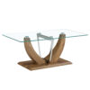 Modern minimalist transparent tempered glass coffee table with wooden MDF legs and stainless steel decorative columns. Computer desk. Game table. CT-907
