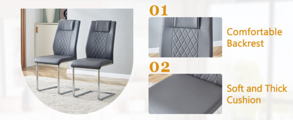 f194b48766914a25b99c6aac158510b5_742b1f08eb87e49f5eeb42967a90a123 Table and chair set.64.5 x 35.4 Inch Stylish White Marble Textured Dining Table,Perfectly Blending Simplicity And Transparency.Paried With 4 Dark Gray High-quality PU Chairs With Arched Metal Legs.