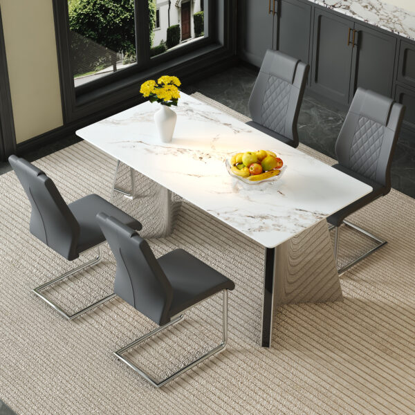 f1b2586ae7eb4973b6f563630b7a815d_e67bb802e1d2b4b288cfdf8700f88ef3 Table and chair set.63*31.4 Inch Luxurious Cold Jade Sintered Stone Dining Table Set- 4 Dark Gray High-quality PU Chairs With Arched Silver Metal Legs.Perfect For Dinner Room,Meeting Room,Kitchen,etc.
