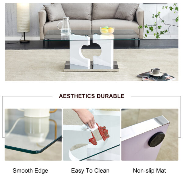 f1d7df3adcc64d9aba1ed4d2e36125b1_20240204_2b5643f73d5083cbd0c2767e926e28d5 A rectangular modern and fashionable coffee table with tempered glass tabletop and white MDF legs. Suitable for living room.47.2"*25.5"*18"