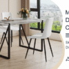 Table and chair set.A minimalist retro rectangular dining table with a specially textured top and black metal legs.Paired With 4 White Artificial PU Chairs With Curved Widened Cushion Design.