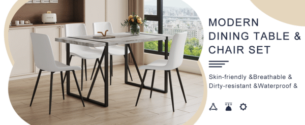 f1e81400d6f247b4818f79c2cb34eb0d_0d12fb0682f91dbd80c0f55ff6a72770 Table and chair set.A minimalist retro rectangular dining table with a specially textured top and black metal legs.Paired With 4 White Artificial PU Chairs With Curved Widened Cushion Design.