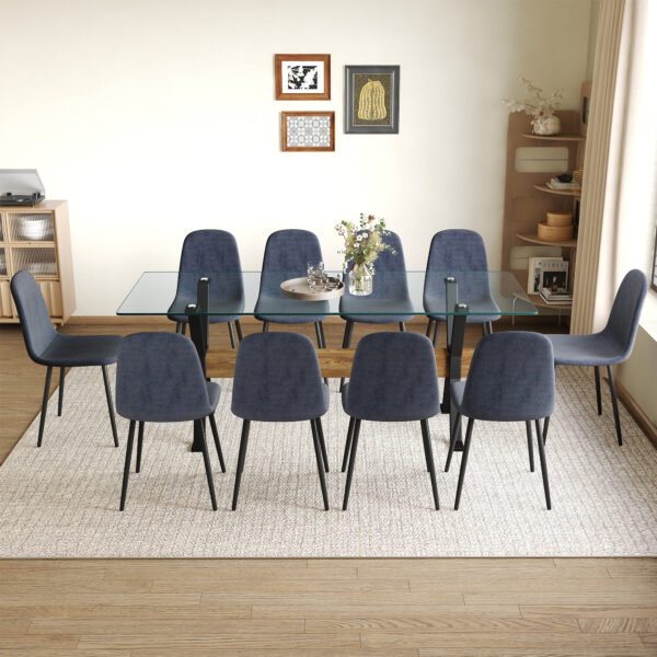 f1f8169b681949dabecfab8bb6544817_8f36692ad77eb35d7581853d793dec95 Table and chair set.79"x31.5" with X-shaped Black Metal Table Legs,Wood Grain Textured MDF Crossbeam.Paired With 10 Chairs Made Of Dark Gray Lnen Fabric.Iron pipe spraying Legs.