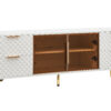 Deluxe Sculpted Modern Fashion Geometric Style TV Stand, Aluminum Frame Tempered Glass Door 4 Drawer Chest with Adjustable Metal Feet ,White,59.9"L x 15.7"W x 21.7"H