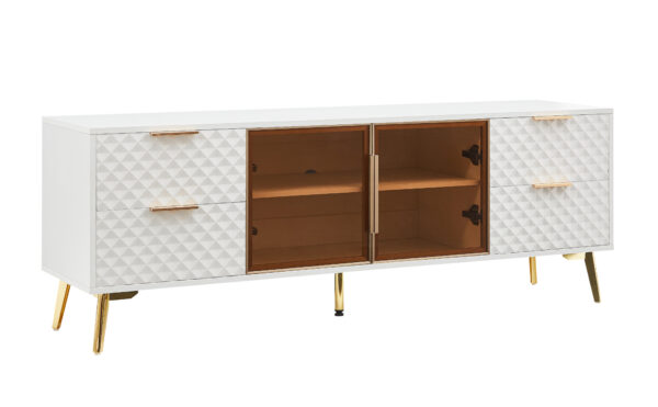 Deluxe Sculpted Modern Fashion Geometric Style TV Stand, Aluminum Frame Tempered Glass Door 4 Drawer Chest with Adjustable Metal Feet ,White,59.9"L x 15.7"W x 21.7"H