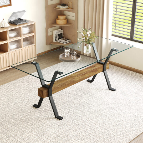 f22f237fffe443c9945e7eab838a83ac_93d7795e66bd7ae12b5e49027fa34132 Elegant Transparent Tempered Glass Dining Table - 79"x31.5" with X-shaped Black Metal Table Legs,Wood Grain Textured MDF Crossbeam. With a Thickness Of 0.39 Inches.Comfortably Accommodate 6-10 People.