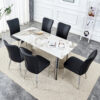 Table and chair set.63"x31.5x30" Luxurious Pandora patterned Sintered Stone Tabletop with Silver Stainless Steel Legs.Paried With 6 Black PU Chairs with a vertical stripe design on the backrest.