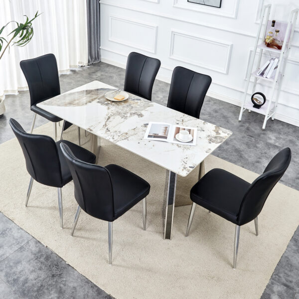 f24548693b3644fb9b8584e7ecf880b0_3edd651bd13c60d2f50766cb8eb0bde2 Table and chair set.63"x31.5x30" Luxurious Pandora patterned Sintered Stone Tabletop with Silver Stainless Steel Legs.Paried With 6 Black PU Chairs with a vertical stripe design on the backrest.