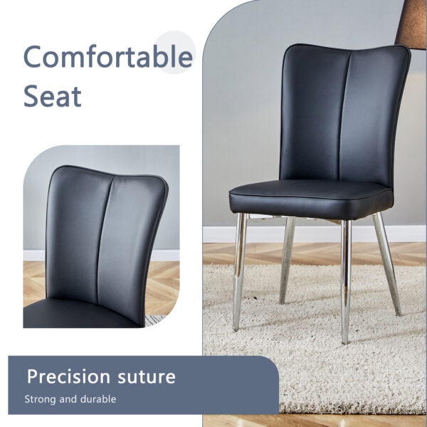 f25d33d5312a49d880bd1bcc58319161_67d8a46656fd328f83adf40bc78e40eb Table and chair set.63"x31.5x30" Black Marble-Patterned Slabs Tabletop with Stainless Steel Butterfly Legs.Paired with 4 Black PU dining chairs with a vertical stripe design on the backrest.