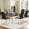 Table and chair set.71 * 35.4 inch rectangular dining table.Tempered Glass Tabletop,Silver 7-shaped Metal Table Legs.Paried With 6 Black High-quality PU Chairs With Arched Metal Legs.