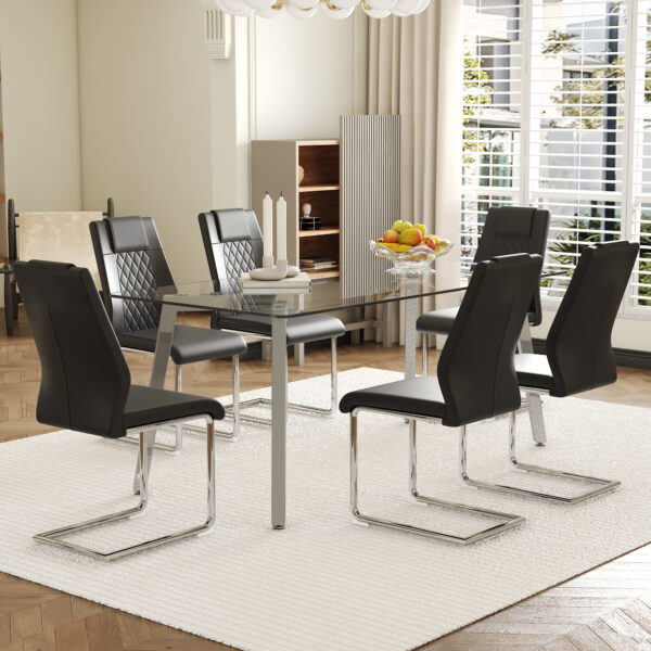 f267a5130cf94486adfb1ab64378754b_6cfc8dbc05c098fdff4ea3c3a139f804 Table and chair set.71 * 35.4 inch rectangular dining table.Tempered Glass Tabletop,Silver 7-shaped Metal Table Legs.Paried With 6 Black High-quality PU Chairs With Arched Metal Legs.