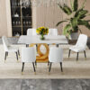 A large modern minimalist rectangular dining table suitable for 6-8 people,  A set of 6-piece PU leather backrest and black metal legs modern dining chairs.  F-OC  C-007