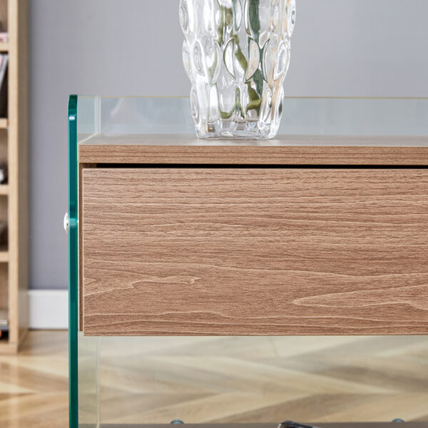 f2ad47d1bc1f4eb3b3d3931731a90bca_af8396db310a14f62860d869973c3326 Bedside table with drawers. The board surface is MDF sticker, and both sides are transparent tempered glass. The design is simple and elegant, with excellent storage functions.