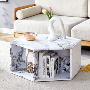 Hexagonal MDF coffee table, characteristic pattern stickers, multi-hole design to give more storage space, simple and convenient design makes it suitable for all kinds of style scenes.