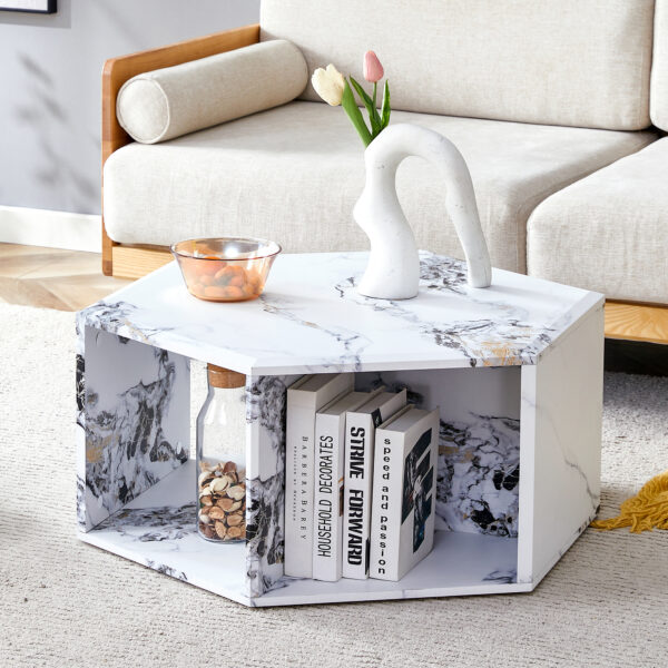 f2c8124d671243afb2626fa038bbcf71_6e7175349f917d226e4038fce2c61293 Hexagonal MDF coffee table, characteristic pattern stickers, multi-hole design to give more storage space, simple and convenient design makes it suitable for all kinds of style scenes.