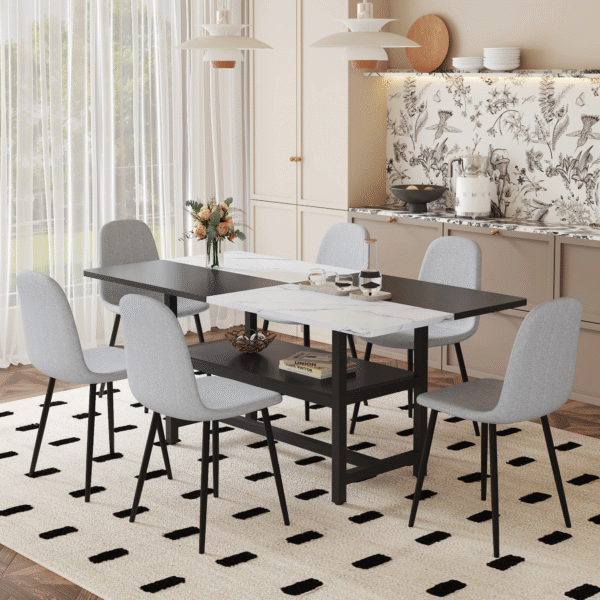 Table and chair set.71*35.4 inch White And Black Spliced Dining Table With Storage Function In The Middle Of The Table Legs.Paired With 6 Light Gray Linen Fabric Chairs.