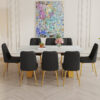 Table and chair set.Luxurious Style Tempered Glass Dining Set-71"x35.4"with 8 Black PU Chairs with Simple Line Designs On The Backrest .Golden Metal Legs.Tempered Glass Top With White Texture sticker.