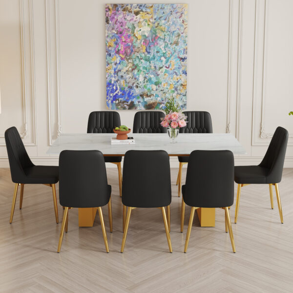 f2e41125698c4ba18a51227d6c71eac8_eb288885cc9033f6d62fad3090983e3f Table and chair set.Luxurious Style Tempered Glass Dining Set-71"x35.4"with 8 Black PU Chairs with Simple Line Designs On The Backrest .Golden Metal Legs.Tempered Glass Top With White Texture sticker.