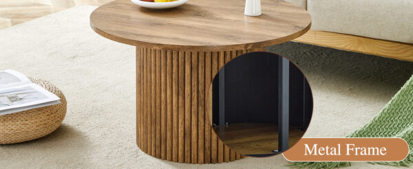 f315b906e9314b23b4d92f387346ad2f_37300bd4d0f4408d695e3dcd3ace5342 A modern circular coffee table with a diameter of 27.5 inches interprets home aesthetics and practicality. MDF material,cylindrical table leg design.Becoming the visual focal point of home decoration.