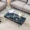43.3 Inch Modern Two-Tier Coffee Table - Clear Tempered Glass and Black Marble Texture, Multifunctional Storage Design.The bottom tier includes a drawer.Can be used as a coffee table,side table,etc.
