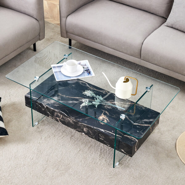 f31c449efacb48c4a3bfe7076ff24c6b_261398d685623fdf9209e42d7989e431 43.3 Inch Modern Two-Tier Coffee Table - Clear Tempered Glass and Black Marble Texture, Multifunctional Storage Design.The bottom tier includes a drawer.Can be used as a coffee table,side table,etc.