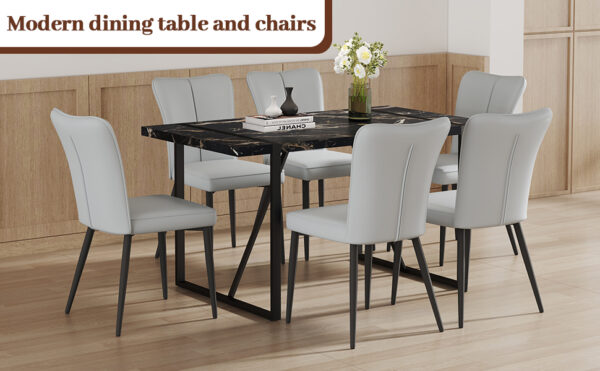 f326fc95e4274e3a984008001be078f6_ed2709021d77cbb0b0945cea8d9d8217 Table and chair set.Modern Black Marble Pattern MDF Dining Set - 55"x31.4"with 6 Light Gray PU chairs with a vertical stripe design on the backrest.Suitable for kitchen,Dining room,etc