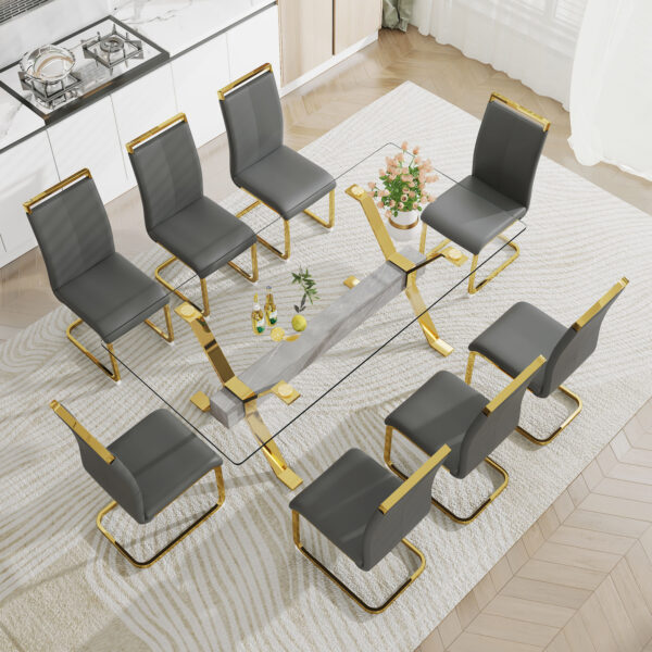 f327f51a9d5d48dc887b1254c50fb25c_20230821_b5176c4ca0c94bff7a5e2bab7eda293e Dining table. Modern tempered glass dining table. Large modern office desk with gold plated metal legs and MDF crossbars, suitable for both home and office use. Kitchen. 79 ''x39''x30 '' 1105