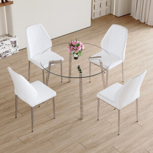 Table and chair set.Modern circular transparent tempered glass table, tempered glass tabletop, silver metal table legs.A Set of 4 White PU Comfort Dining Chairs with extended backrest.
