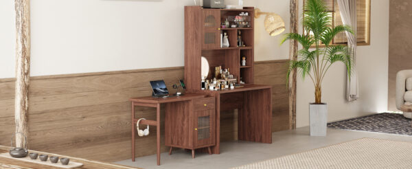 Computer Desk with 90 Degree Rotating Desktop, 43x70 Inch Office Desk with Storage Drawer and Cabinets, Gaming Desk with Shelves, Writing Desk for Study, Work Desk for Home Office Bedroom Living Room