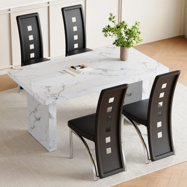 f35910db848c4f7cba8ef5f52aa713c8_fd815347b76c2243ee1d520e3e00d202 Table and chair set.63"*35.4" White Imitation Marble Pattern MDF Dining Table Set - 4 PU Chair With Black Saddleback, Geometric Pattern Backrest,Silver Curved Metal Leg..Suitable For Various Scenes.