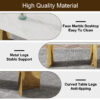 Table and chair set.The table has a glass top with imitation marble pattern stickers and stainless steel golden legs. Paried with chairs with PU artificial leather backrest cushions and black legs.