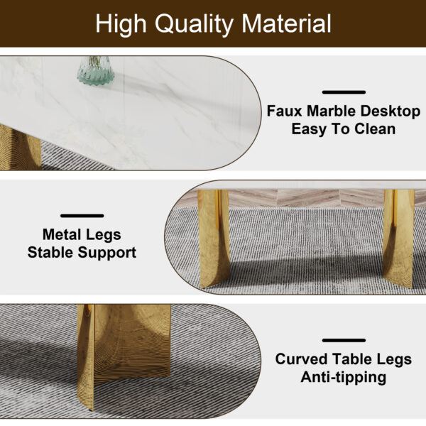f35cba59b78e47028a071c3df397030a_700cdae3bde0b5b4a45c14e9fc496879 Table and chair set.The table has a glass top with imitation marble pattern stickers and stainless steel golden legs. Paried with chairs with PU artificial leather backrest cushions and black legs.