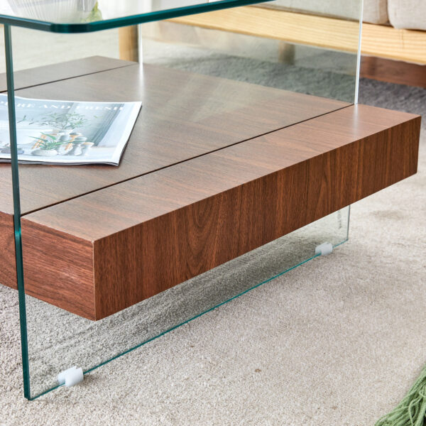 f361b4bc8a2844668c895f1d1ae34c76_eea7945a44f54696c97a3e53d98e98e0 31.4 Inch Modern Two-Tier Square Coffee Table - An Elegant Combination of Clear Glass and Dark Wood Texture Sticker It can be used not only as a coffee table but also as a side table or display stand.