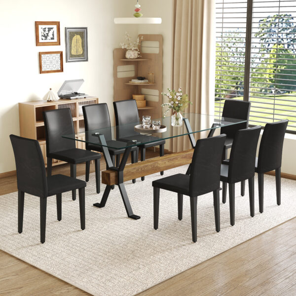 f3643078630640988660af4eb8d6d682_f68984b116bb674b4fabb99dc5ddd01b Table and chair set.79"x31.5" Inch Tempered Glass Tabletop With X-shaped Black Metal Table Legs,Wood Grain Textured MDF Crossbeam.Paired With 8 Black PU Dining Chairs, Simple And Versatile.