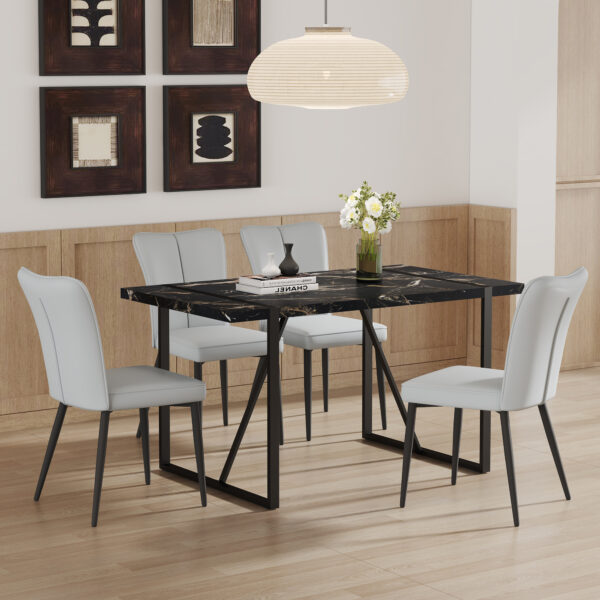 f367ceffb75c4f68bbca372bec7f6773_12329c7cc4c959009cad6f42b1019f98 Table and chair set.Modern Black Marble Pattern MDF Dining Set - 55"x31.4"with 4 Light Gray PU chairs with a vertical stripe design on the backrest.Suitable for kitchen,Dining room,etc