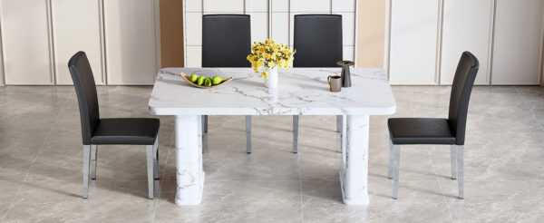 f37b473dd0ac4e71818d136ea6e2164a_7d4ac0b0f1470ccc2db2a078b2574d56 Table and chair set.64.5x35.4 Inch Stylish White Marble Textured Dining Table.Paried With 4 Black PU dining chairs, Silver Metal Legs.Simple and versatile.High Elasticity Sponge Filling.