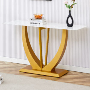 Modern and simple rectangular glass dining table in white with a pattern, 0.39 "white top and gold legs, suitable for entrance and living room.