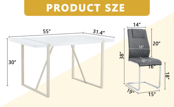 f385aa2cbbd14664ac52e538ab099188_c759b791a8edd1315114f1a5fb6d9763 Table and chair set.55"x31.4" Cream-Style White MDF Dining Table Set with 4 Dark Gray Chairs With Silver Metal Legs.MDF Tabletop and metal frame legs.Adding a warm atmosphere to your family.