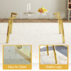 71 * 35.4 inch rectangular dining table. The transparent tempered glass tabletop is paired with golden 7-shaped metal table legs, showcasing a minimalist texture. Suitable for various places.