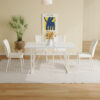 55"x31.5"Cream-Style White MDF Dining Table Set with 4 Armless Chairs.MDF Tabletop and metal legs.The backrest of the dining chair has a vertical line design.Adding a warm atmosphere to your family.