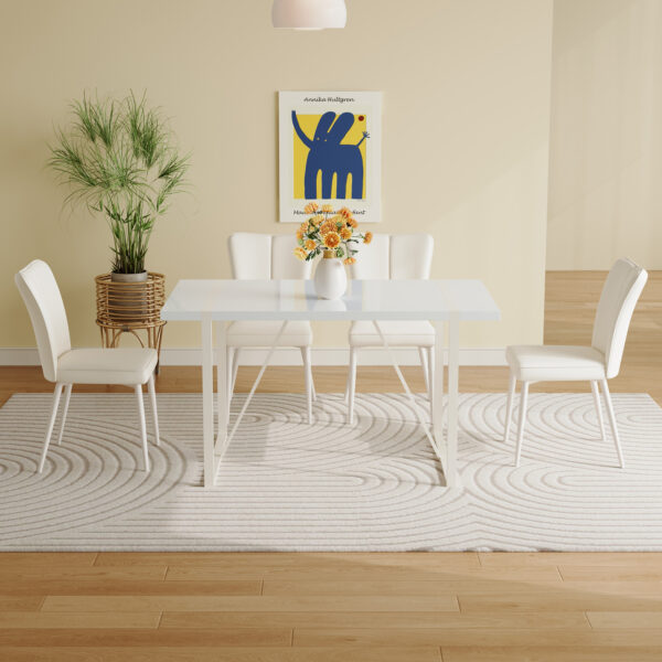 f38f6db4bb66454899cfeebf79fe109e_25c3da9b9d0621a5d73a71304f08f251 55"x31.5"Cream-Style White MDF Dining Table Set with 4 Armless Chairs.MDF Tabletop and metal legs.The backrest of the dining chair has a vertical line design.Adding a warm atmosphere to your family.