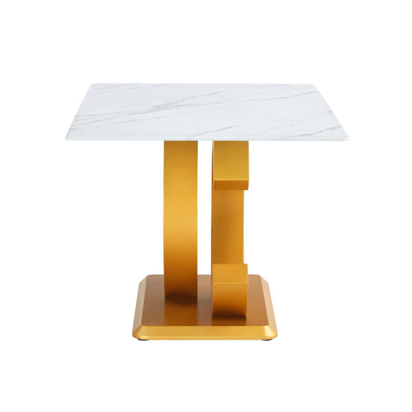A large modern minimalist rectangular dining table suitable for 6-8 people, equipped with gold MDF OC shaped brackets and aureate base, suitable for kitchen, living room, dining room F-OC