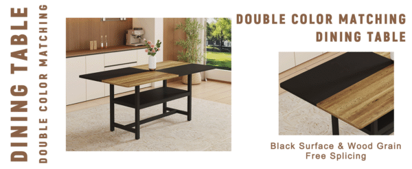 Table and chair set.71*35.4 inch Wooden And Black Spliced Dining Table With Storage Function In The Middle Of The Table Legs.Paired With 6 Light Gray Linen-Cotton Dining Chairs, Simple And Versatile.