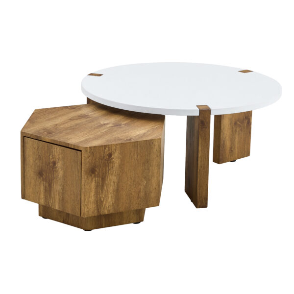 f3fb7bff7e1e4a3ebd103b9006cae7c5_d5541863f8f1c7cc6703c1992d225466 Fashionable and versatile MDF material coffee table set, unlocking a new style in the living room.All are made of MDF material, with white and wood textured stickers on the surface.