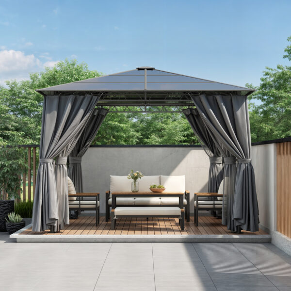 TREXM 10'x10' Hardtop Outdoor Gazebo with Polycarbonate Roof, Patio Gazebo with Aluminum Frame, Mosquito Netting and Privacy Screens for Shade and Rain, Backyard Tent for Backyard, Garden, Lawn (Grey)