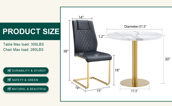 f4109691d5574fe58073e5d5aebe0a12_0fd24b90bd4572bb5334ac6376d404ae Table and chair set.31.5 Inch Elegant White Marble Pattern Round Dining Table - Suction Molding Annular Texture.Paired With 4 Black High-quality PU Chairs With Arched Golden Metal Legs.