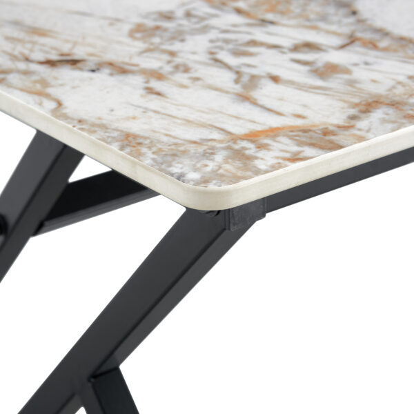 f426fa4a329a46639765d306c64c3be7_4ee1993e04b32df6d60d41369872bea9 A coffee table is made of rock slab material, with a natural and smooth marble pattern on the surface, which complements the modern design of the black metal legs and adds a touch of fashion.47*23.6
