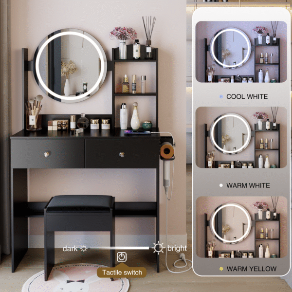 17" Round LED Mirror Vanity Table+Cushioned Stool, Equipped With 2 AC+2 USB Power Socket, Big Mirror, Touch Switch, 3 Colors, Adjustable Brightness, Large Desktop, Multi-layer High Capacity Storage