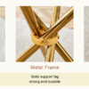 Round clear glass dining table with a unique shape for 4-6 people, with ring-shaped gathered gold metal legs, suitable for desks, kitchens, terraces, dining rooms.