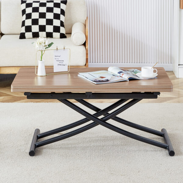 Modern minimalist multifunctional lifting table, with a 0.8-inch wood grain process sticker desktop and black metal legs, can be used as a dressing table, coffee table, dining table, and office table